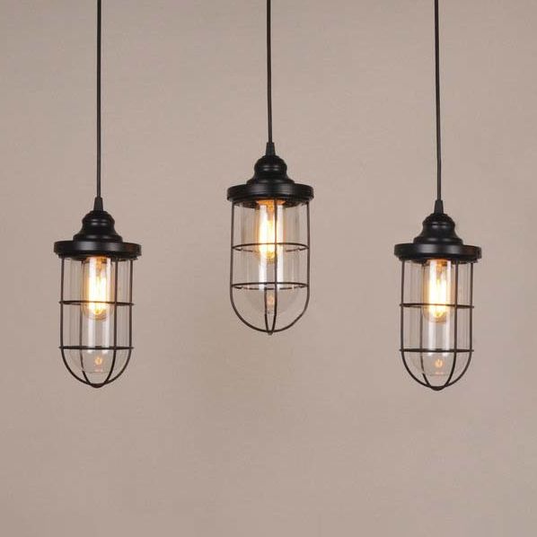 2/3 lampadine in gabbia Multiple lampada a sospensione industriale Black Clear Glass Kit appeso, baldacchino lineare/rotondo