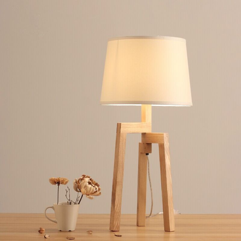 Cone Shade Desk Light Modern Fabric 1 Bulb Wood Night Table Lamp for Living Room