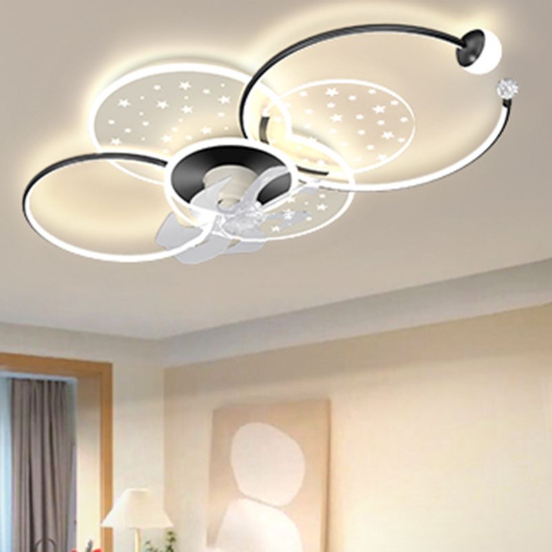 LED Ceiling Fan in Black and White Metal & Acrylic Interior Geometric Fan Light Fixture