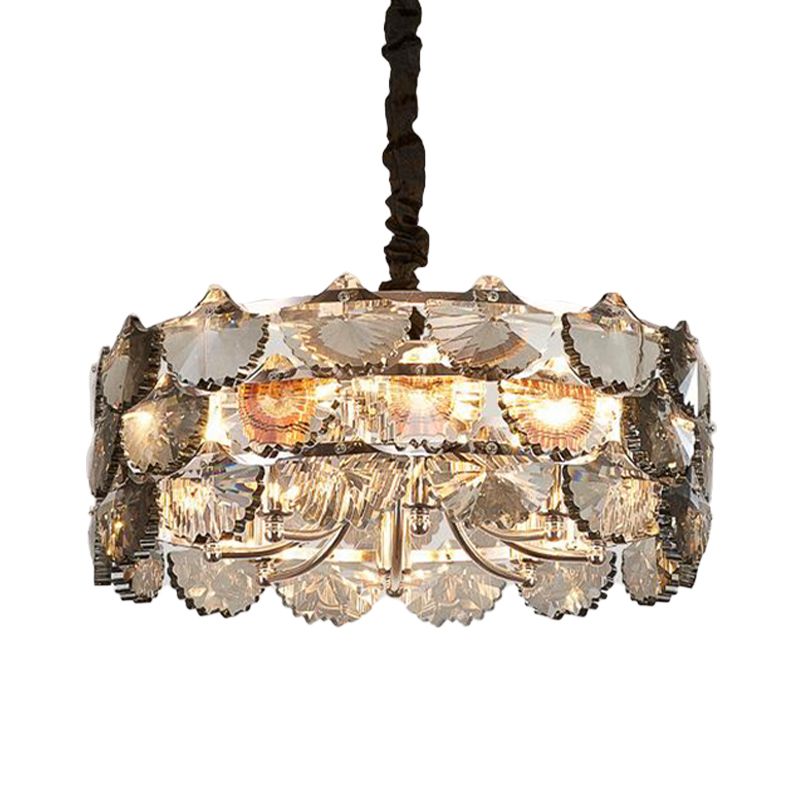 Modernist Drum Ceiling Chandelier Gray Crystal Block 6 Bulbs Kitchen Pendant Lamp in Gold