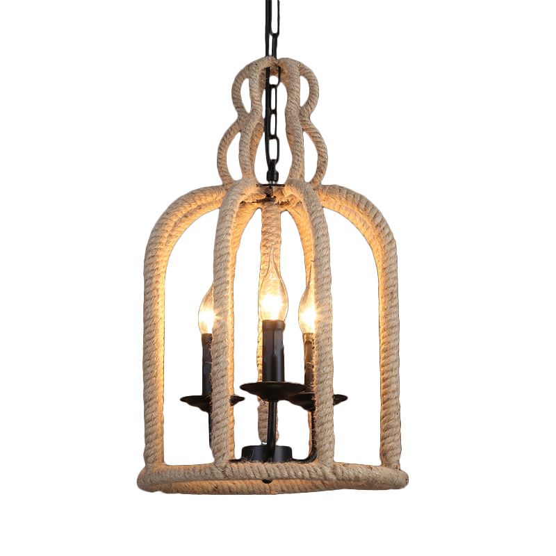 3 Heads Pendant Light Fixture Retro Style Birdcage Rope Hanging Lamp in Brown for Dining Room