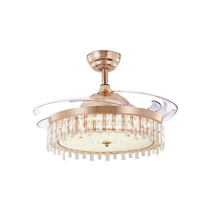 Circular Crystal Ceiling Fan Light Simple LED Gold Semi Flush Mount Lamp with 4-Blade, 19" Width