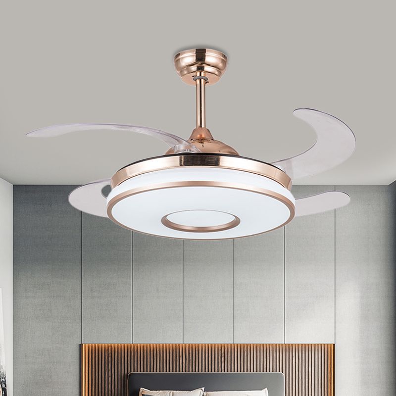 36" W Gold LED Pendant Fan Light Simplicity Acrylic Round Semi Flush Mount Lighting with 4 Blades for Bedroom, Remote/Wall Control/Remote and Wall Control