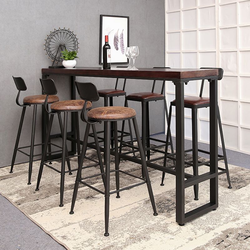 Pine Wood Bar Dining Table Brown Industrial Bar Table with Trestle Base in Black