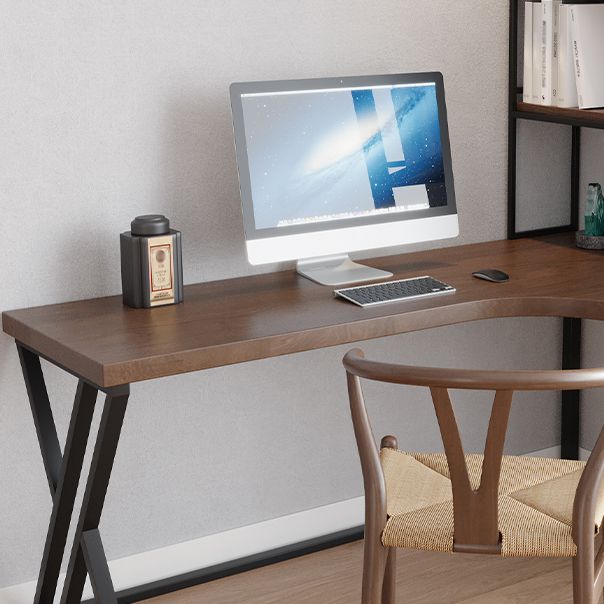 L-Shape Right Corner Desk Modern & Contemporary Brown Writing Desk with Shelf