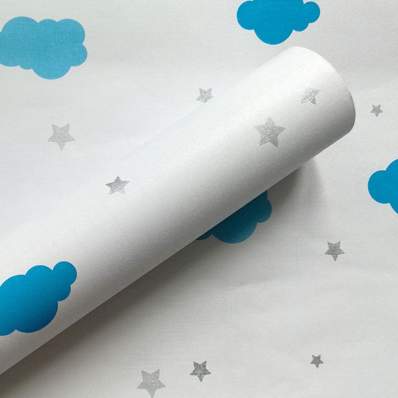 Nordic Wallpaper Roll in Blue and White Cartoon Cloud Wall Covering for Kid, 39.5'L x 23.5"W, Self-Adhesive