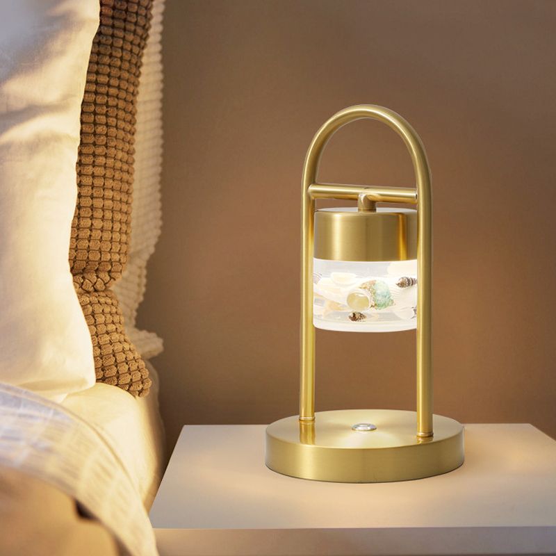 Cylinder Portable Touch Table Lamp Retro Novelty Acrylic Brass LED Night Light with Handle and Seashell Decor Inside