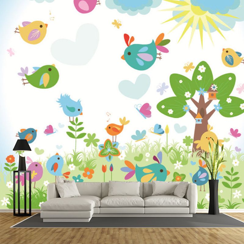 Cartoon Spring Scene Wall Murals Colorful Stain Resistant Wall Covering for Kids Room