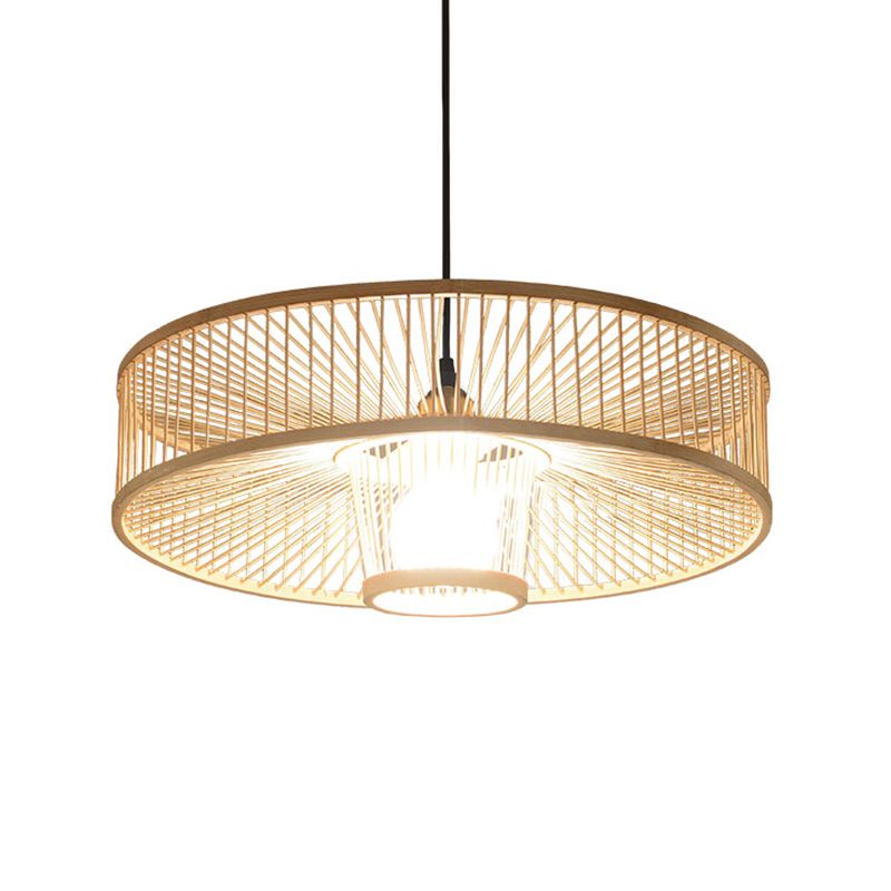 Handmade Round Ceiling Pendant 1 Light Asian Bamboo Pendant Light for Restaurant