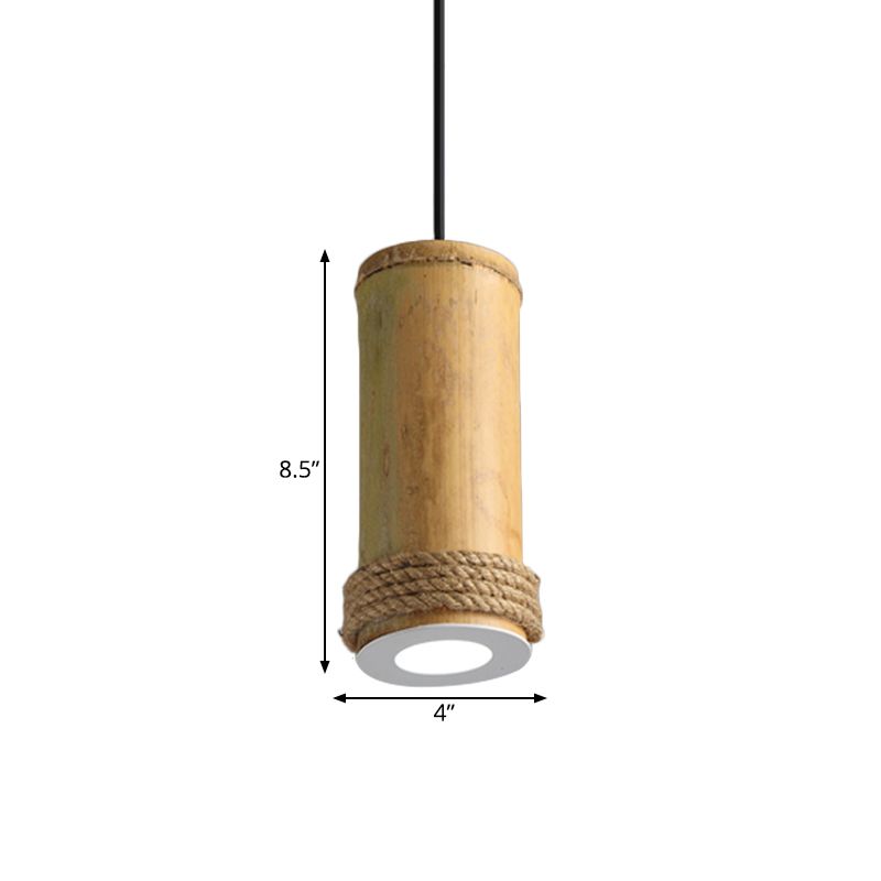 Tubo de la sala de estar accesorio de iluminación colgante de bambú industrial 1 cabeza marrón claro kit de luz colgante con detalle de cuerda