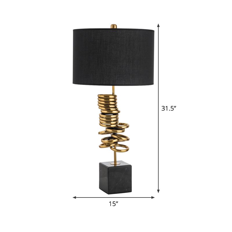 Drum Living Room Table Lighting Marble 1-Head Post-Modern Night Lamp in Black with Fabric Shade