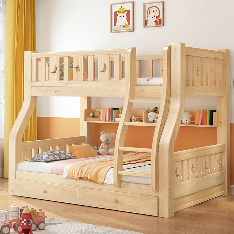 Natural Pine Wood Bunk Bed Solid Wood Loft Bed with Mattress and Guardrails