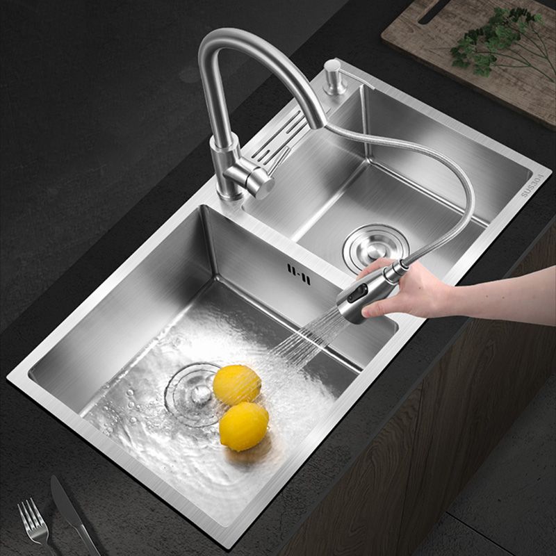 Contemporary Stainless Steel Kitchen Sink Double Basin Sink with Drain Assembly