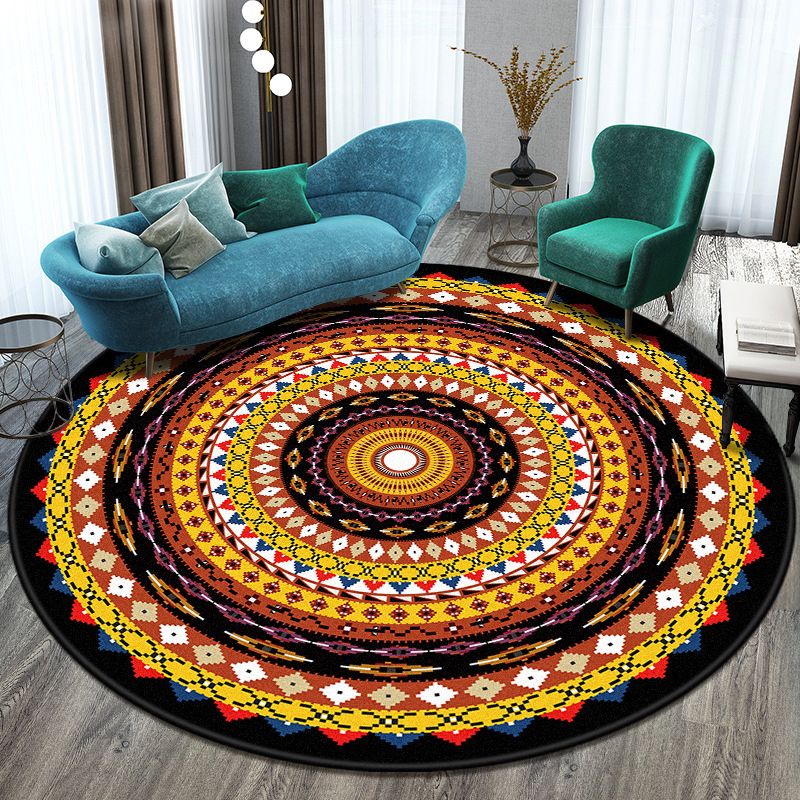 Bohemian Living Room Rug Multicolor Mandala Rug Polyester Stain Resistant Washable Anti-Slip Backing Rug for Hall