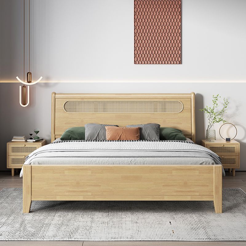 Rectangular Beige Panel Bed Rubberwood and Rattan Bed Frame with Headboard