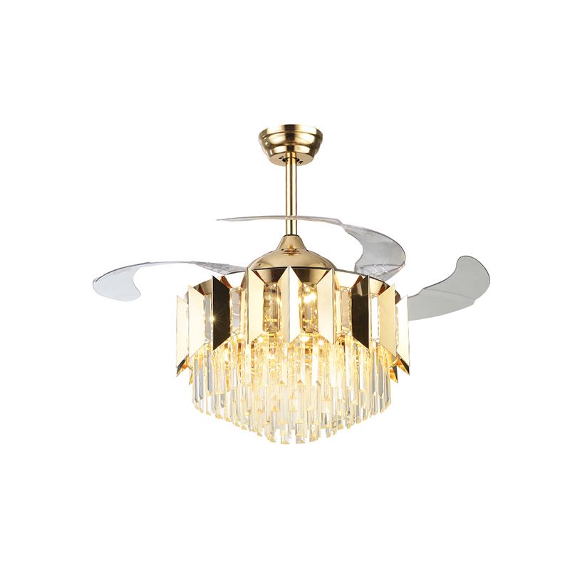 Layered Tri-Sided Crystal Rod Ceiling Fan Modern 3 Blades Living Room LED Semi Flush Light in Gold, 19" Width