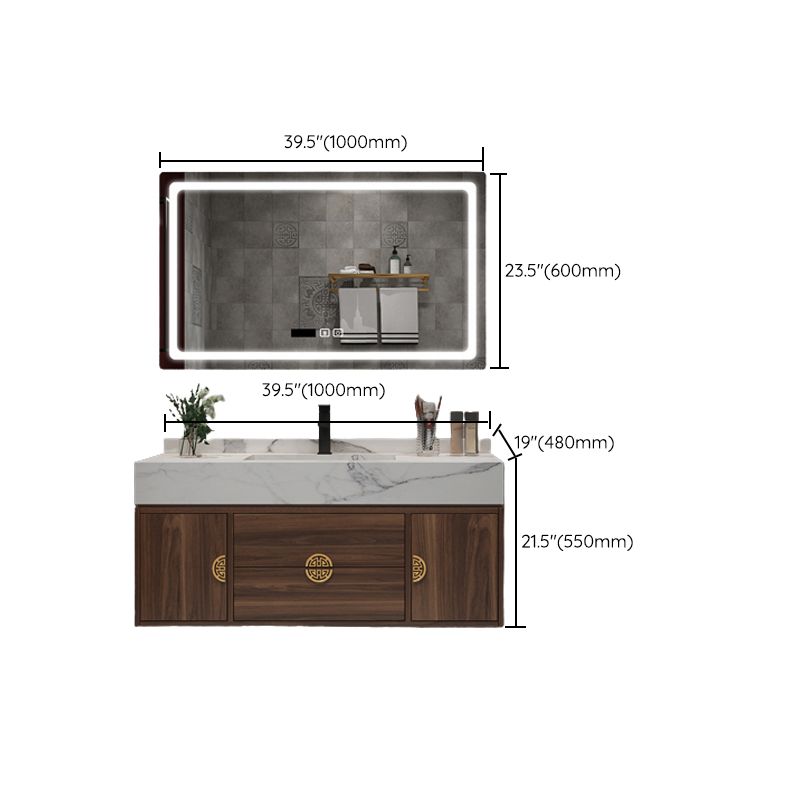 Wood Frame Vanity 2 Drawers Wall Mount Single Sink Rectangle Bathroom Vanity with Mirror