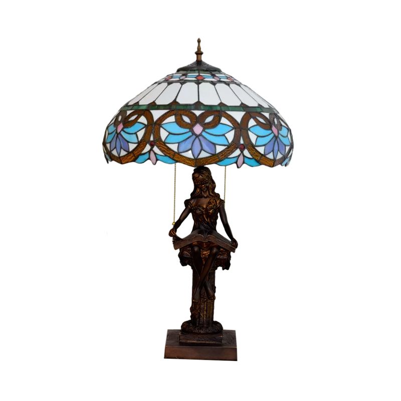 Tiffany-Style Girl Studying Table Light 2 Bulbs Resin Pull-Chain Night Lamp with Grain/Grid/Floral Beige/Blue-White/Blue-Brown Glass Shade