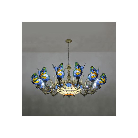 Butterfly Indoor Pendant Light Stained Glass Tiffany Chandelier Lamp in Dark Blue/Sky Blue/Beige/Blue for Hallway