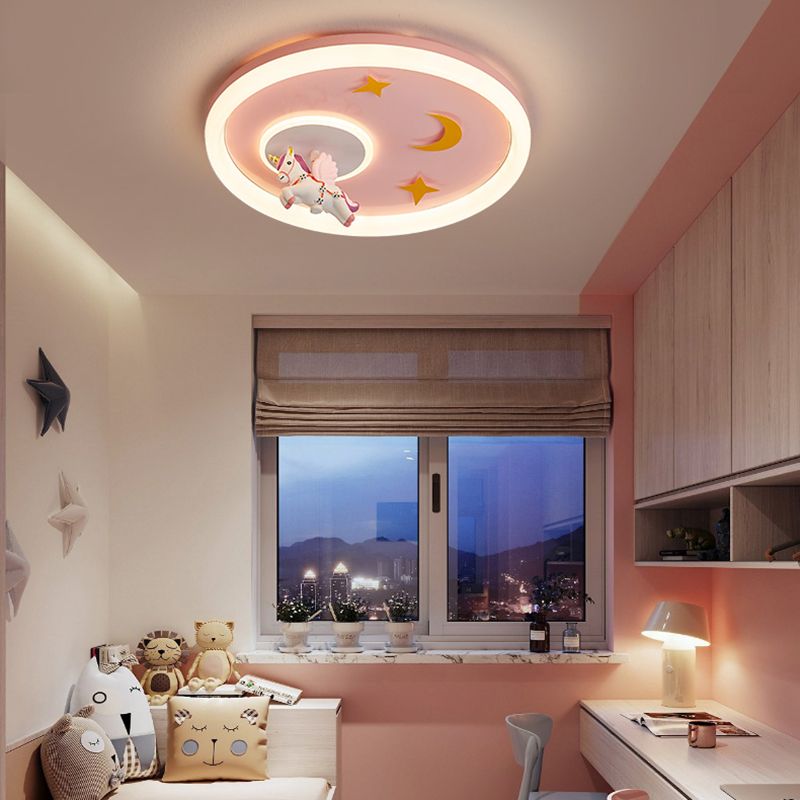 Metal Round Flush Mount Light Lovely Pink Unicorn Ceiling Light for Kid's Room