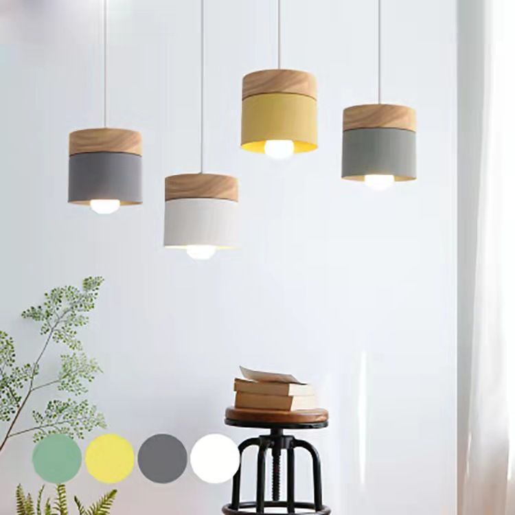 1 Light Cylinder Hanging Light Fixtures Nordic Style Iron Ceiling Pendant with Wooden Top for Restaurant