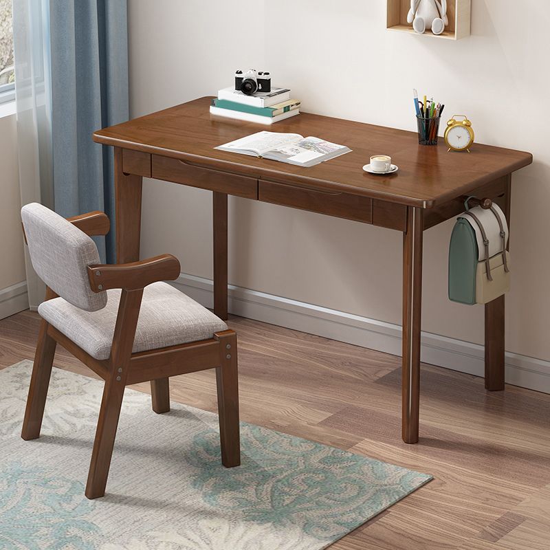 Writing Desk with 2 Drawers Solid Wood Kids Desks and Chair Set in Rubberwood