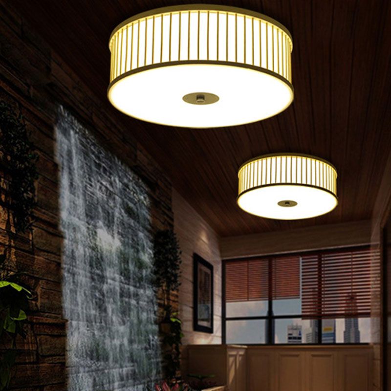 LED Cylinder Flush Mount Japanese Bamboo Ceiling Mounted Light in Beige for Dining Room