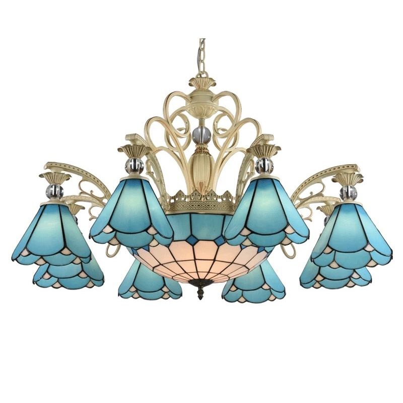 Blue Glass Scalloped Chandelier Mediterranean Dining Room Ceiling Suspension Lamp