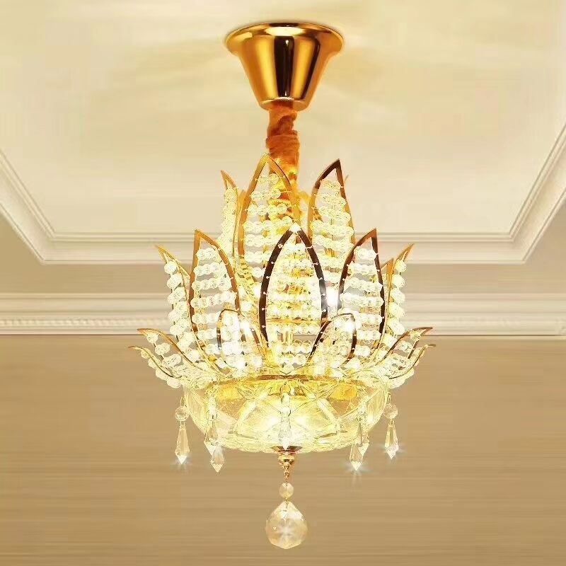 Traditional Lotus Flush Mount Lamp 3-Light Crystal Close to Ceiling Light in Gold