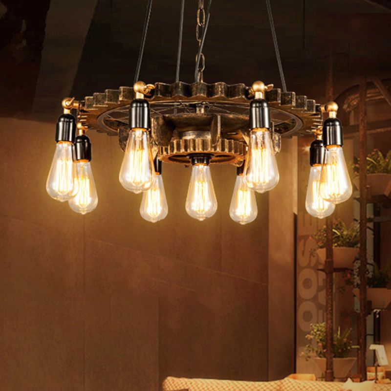 9 Lights Gear Design Ceiling Fixture Antique Style Dark Rust Metal Pendant Ceiling Light for Living Room