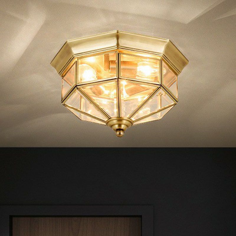 Ottagonal Foyer Flush Massimale Light Antique Glass 3 - Bulb Brass Finish Flushmount Lighting