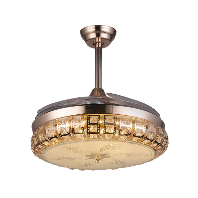 3 Blades Round LED Fan Light Fixture Modernism Gold Finish Crystal Semi Flush Light, 42.5 Inch Wide