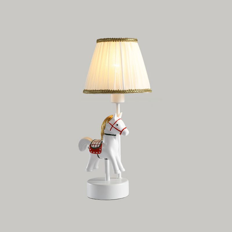 Empire Shade Table Light Cartoon Fabric Single-Bulb White Nightstand Lamp with Horse Base