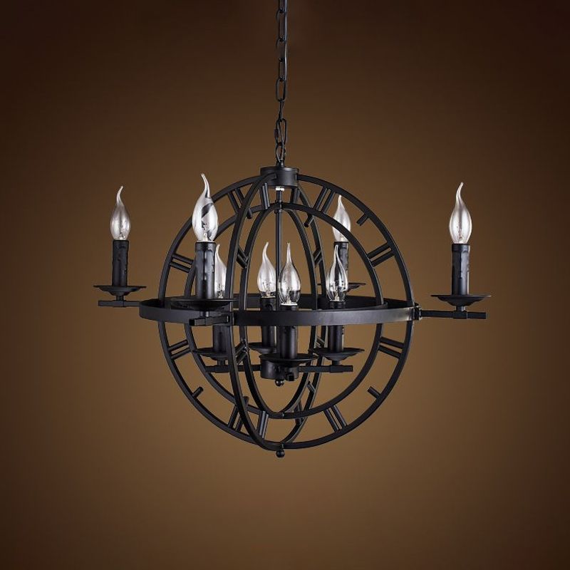 Industrial Globe Cage Chandelier Lighting Fixture 6-Bulb Iron Ceiling Light in Bronze/Black with Candle Design