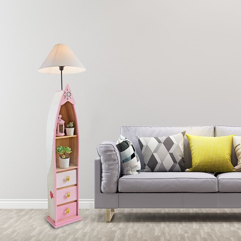 Wood Surfboard-Like Shelf Floor Lamp Children Single Head Pink/Green/Blue Standing Light with Cone White Fabric Shade