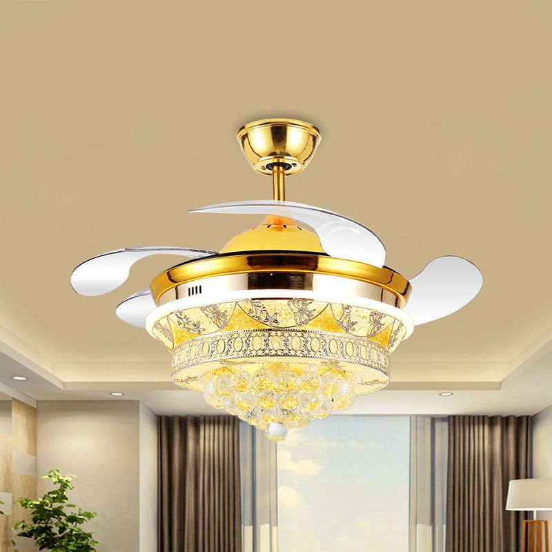 4 Blades Modern Cone Semi Flush Light Crystal Ball LED Bedroom Ceiling Fan Lamp with Floral Design in Gold, 19" Wide