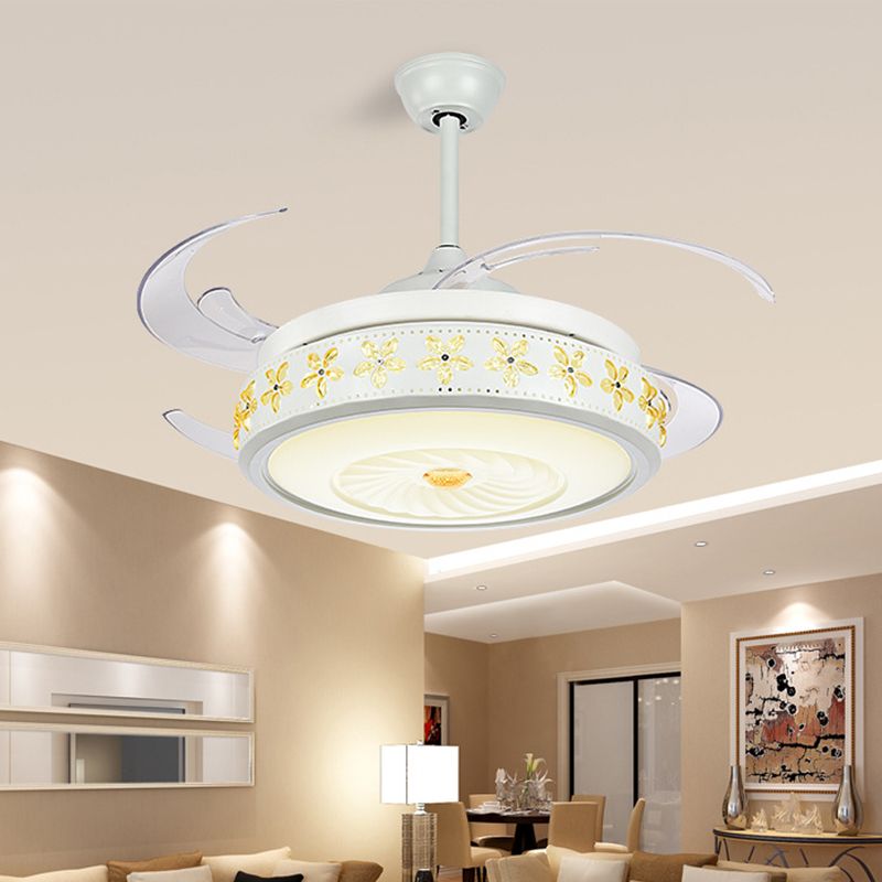 Modern Stylish LED Ceiling Fan Light Metallic White Vortex Semi Flush Lamp with Embedded Amber Crystal Accent