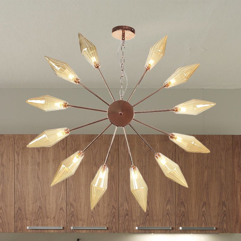 6/9/12 Lights Chandelier Lamp Industrial Sputnik Amber/Clear Glass Ceiling Light Fixture in Black/Copper/Chrome