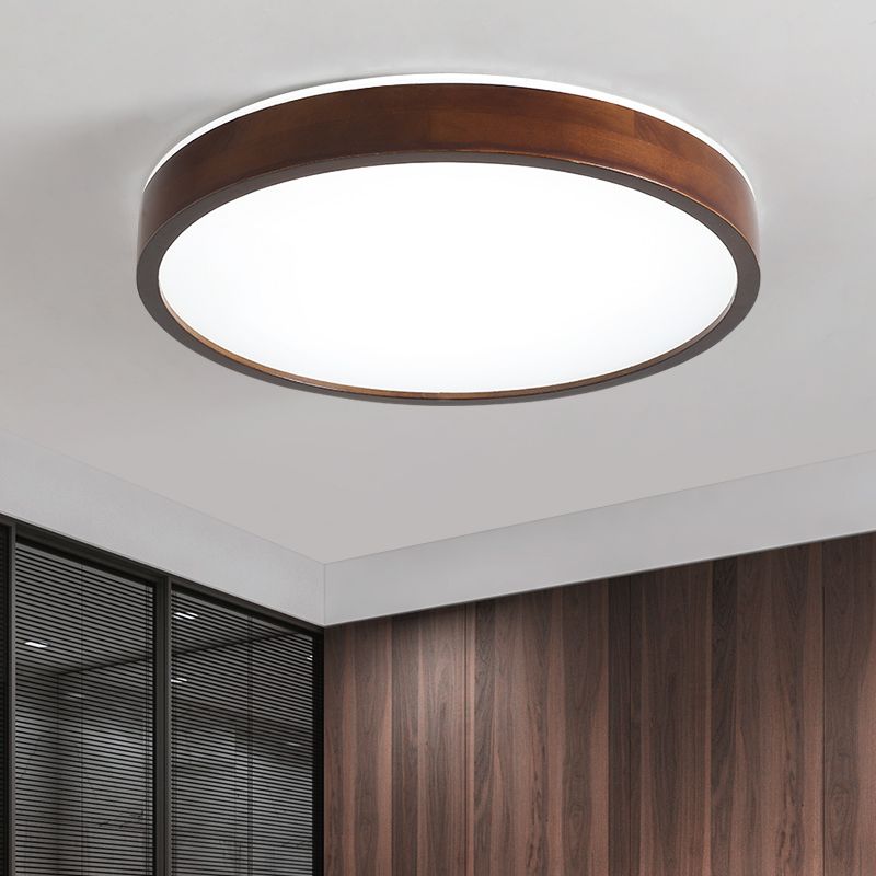 Japanese Round Ceiling Light Brown Wood LED Flush Mount Light for Living Room