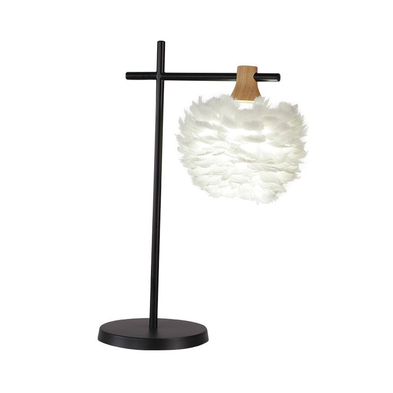 Nordic Mini Globe Night Light Feather 1-Light Bedroom Table Lamp with Cross Arm in Black-White