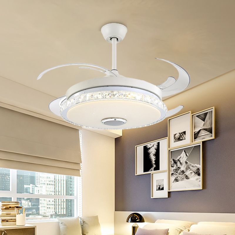 Minimalist Round LED Ceiling Fan Prismatic Crystal White Semi Flush Light for Bedroom