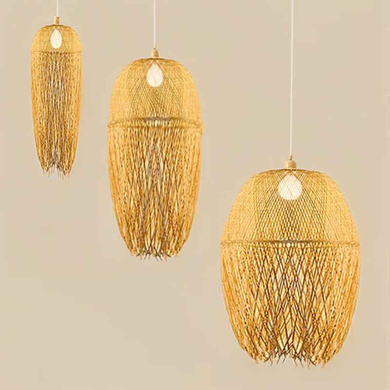 Beige Hand-Worked Pendant Chinese Style 1 Bulb Bamboo Hanging Light for Dining Table