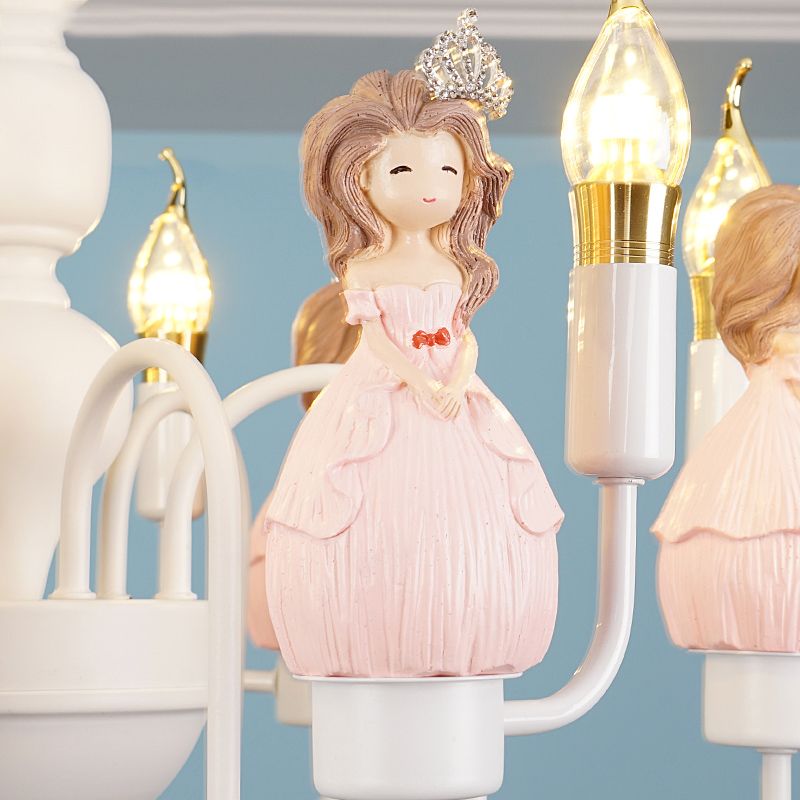 Cartoon Candle Hanging Ceiling Lamp with Princess Metal Pink Hanging Chandelier for Girl's Room