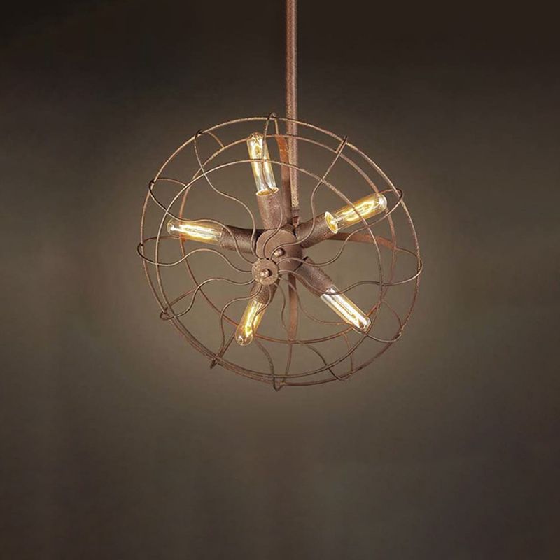 Ventilatorvorm boerderij plafondlicht met draad frame rustiek smeedijzeren 5 lampen donkere roest kroonluchter lamp