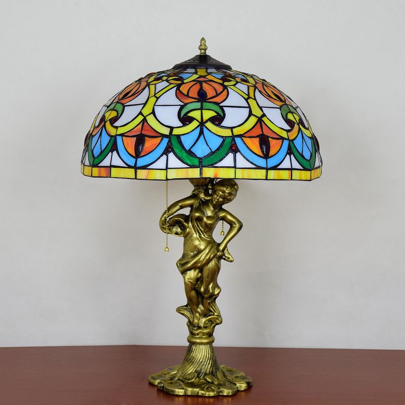 3-Bulb Night Stand Light Baroque Geometric Pattern Bowl Stained Glass Table Lamp with Fisher Girl Statue and Pull Chain