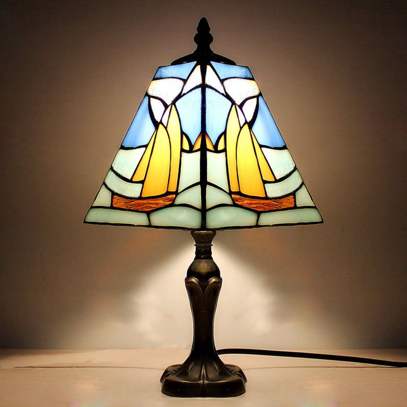 Blue Sea Desk Light with Boat 1 Bulb Nautical Stained Glass Nautical Table Light for Study Room