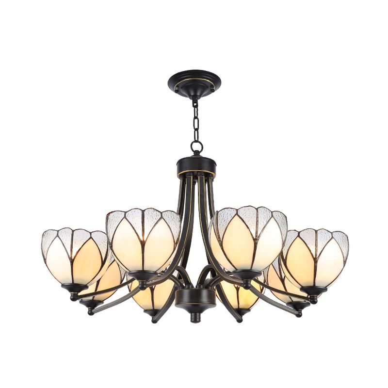 Flower Chandelier Light 3/6/8 Lights Frosted Glass Tiffany Pendant Lighting Fixture in Yellow/Red