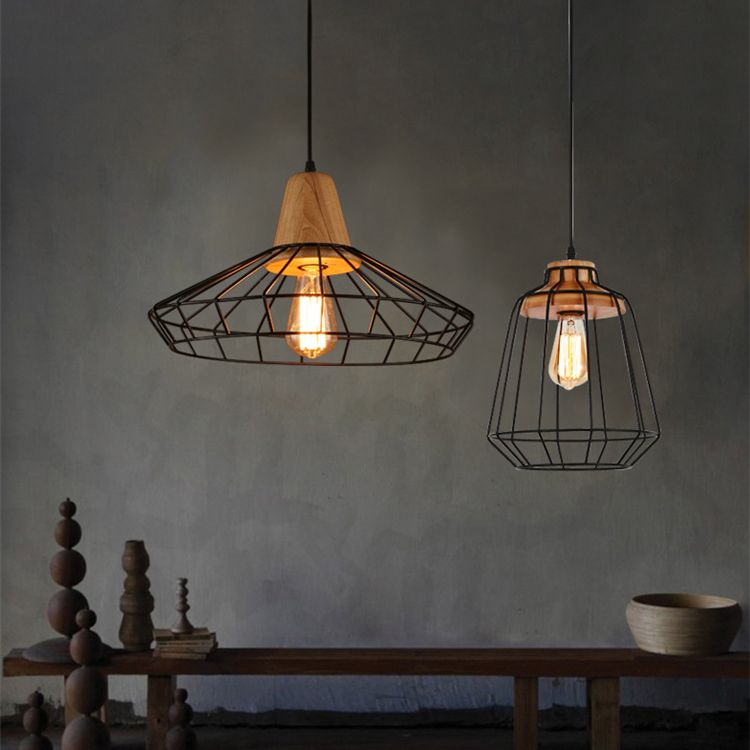 Black Metal 1 Light Pendant Light Industrial Retro Retro Wire Cage Hanging Lamping for Restaurant