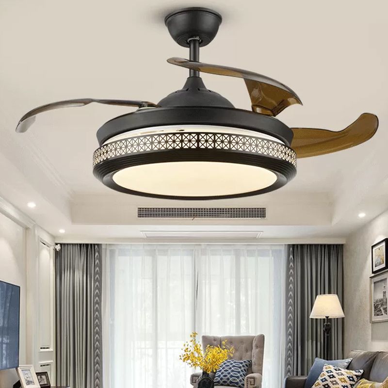 4-Blade Hollow-out Circle Semi Flush Contemporary Acrylic 20" Wide LED Black Pendant Fan Light Fixture