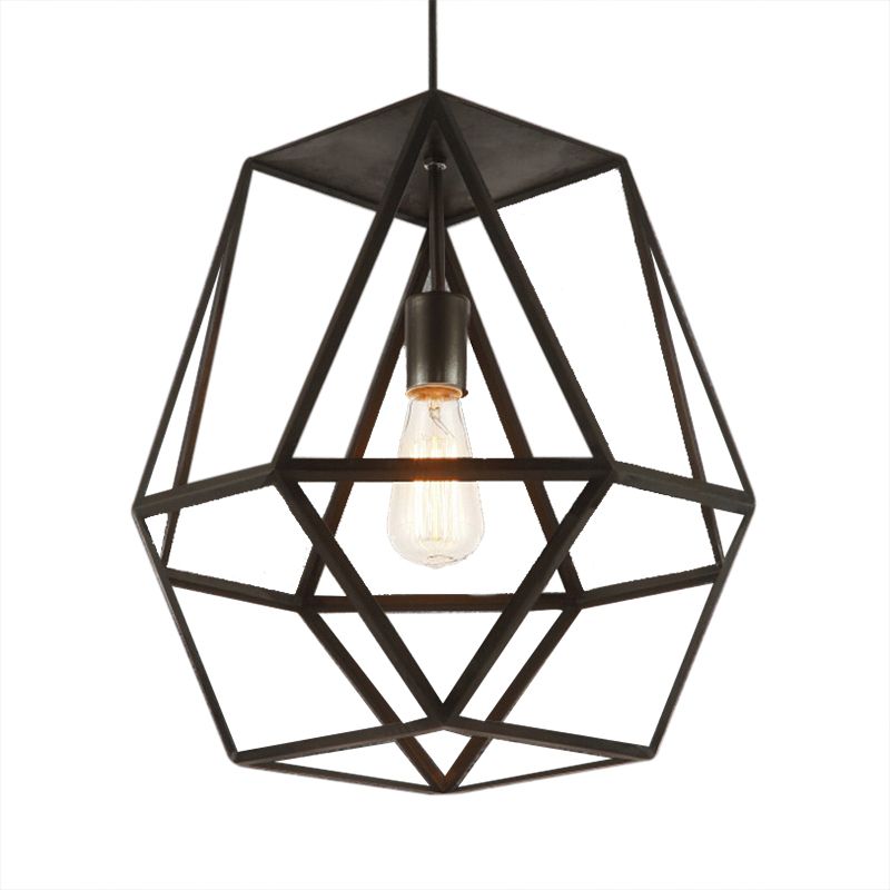 1 Head Pendant Light Industrial Polygon Metal Shade Hanging Light Fixture with Wire Guard in Black